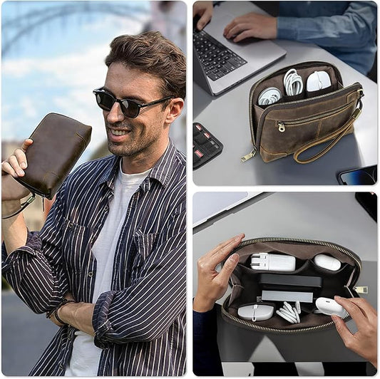 Genuine Leather Tech Organizer Bag Vintage Handmade Travel Pouch for Apple Accessories Phone USB Cables