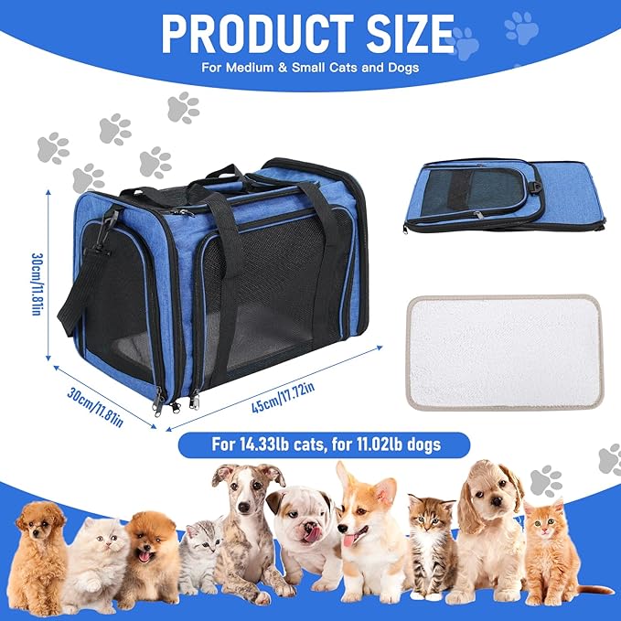 Pet Portable Travel Carrier Bag for Cats Dogs, Mesh Travel Puppy Carrier, Oxford Fabric Large Capacity Breathable Soft-Sided Animals Carrier with Mat Shoulder Strap (Blue)