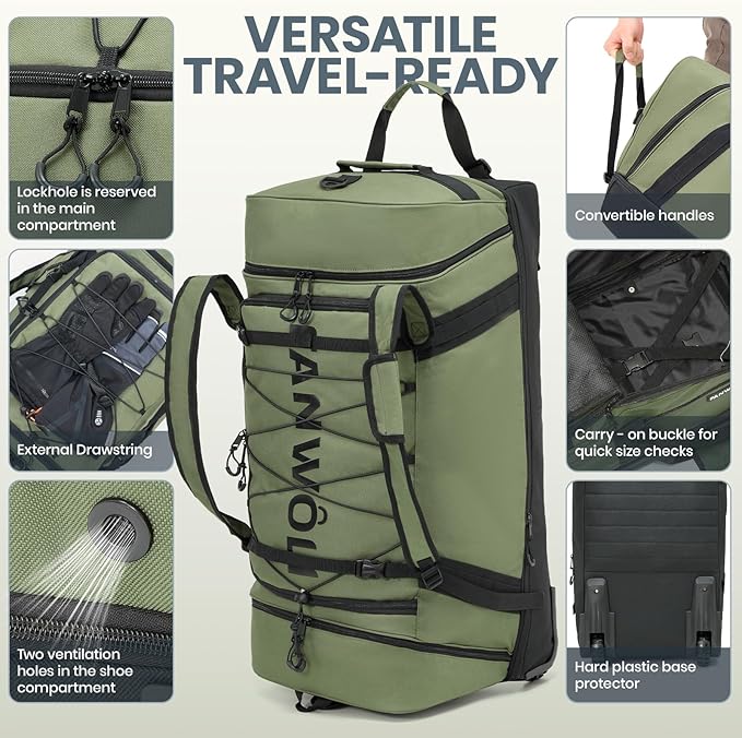 Fanwoli 85L 100L Large Rolling Duffle Bag with Shoes Compartment, 30’’ Expandable & Foldable Heavy Duty Water Resistant Travel Backpack, Convertible Foldable Duffel for Gym Camping Weekender