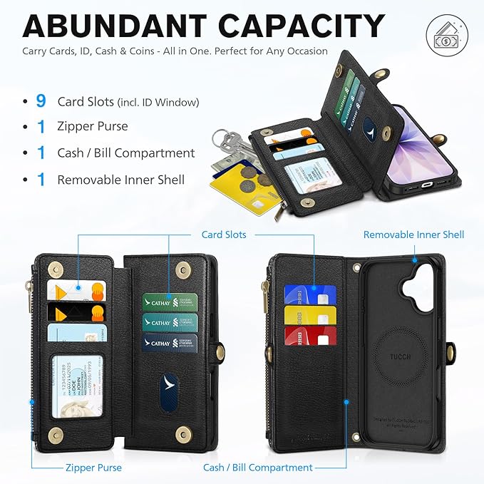 TUCCH Removable Crossbody Case Wallet for iPhone 17 6.3" 2025, 9 Card Slot RFID Blocking, Stand, Lanyard, Wrist Strap, Wireless Charging, Zipper Pocket, PU Leather, Magnetic Flip Cover, Textured Black