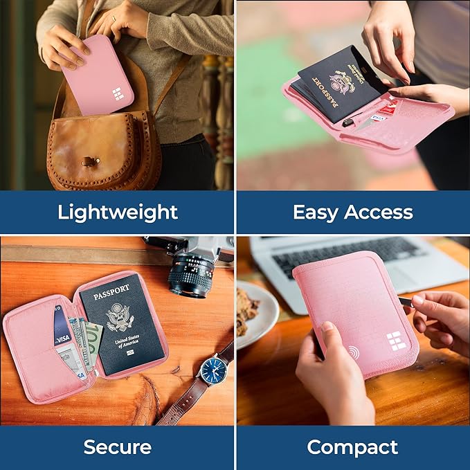 Passport Holder & Travel Wallet with RFID Blocking - Premium Document Organizer Case for Men and Women - Holds Passports, Cards, Tickets, ID, Cash - Compact Zippered Wallet - Rose
