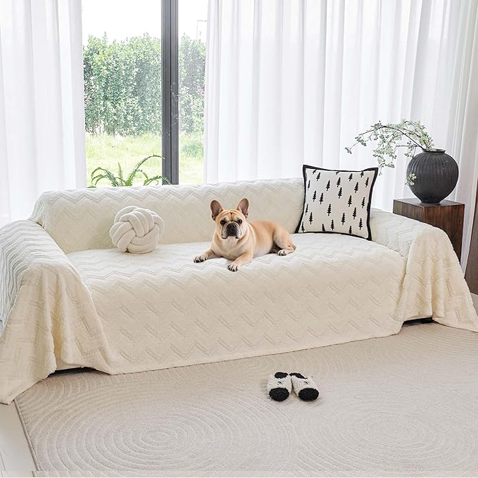 Sherpa Fleece Couch Cover for 3 Cushion Sofa, Beige, 71" x 134" - Pet Proof Sofa Covers Heavy Duty Scratch Resistant Pet Friendly Furniture Cover - Easy Install, Machine Washable