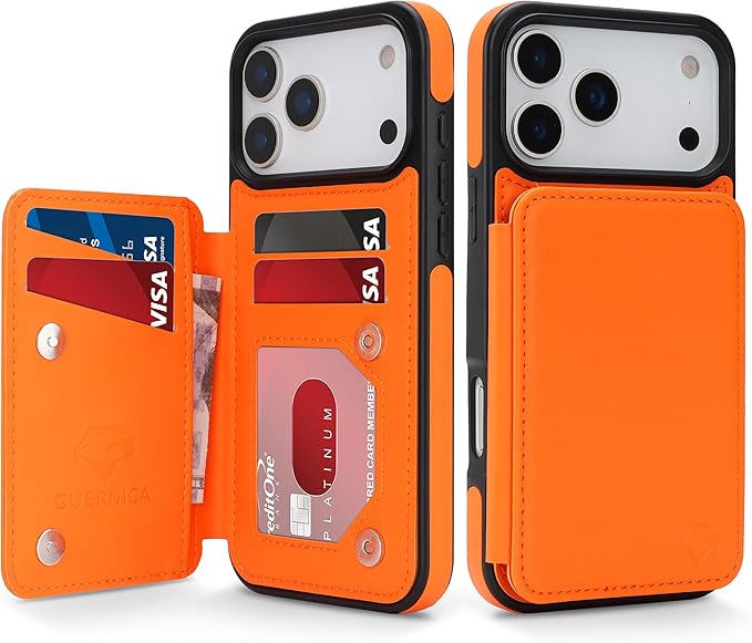 GUERNICA for iPhone 17 Pro Max (6.9") Case Wallet with Card Holder, RFID Blocking Leather Protection, Shockproof Women Men Phone Case for Apple 17 Pro Max, Orange