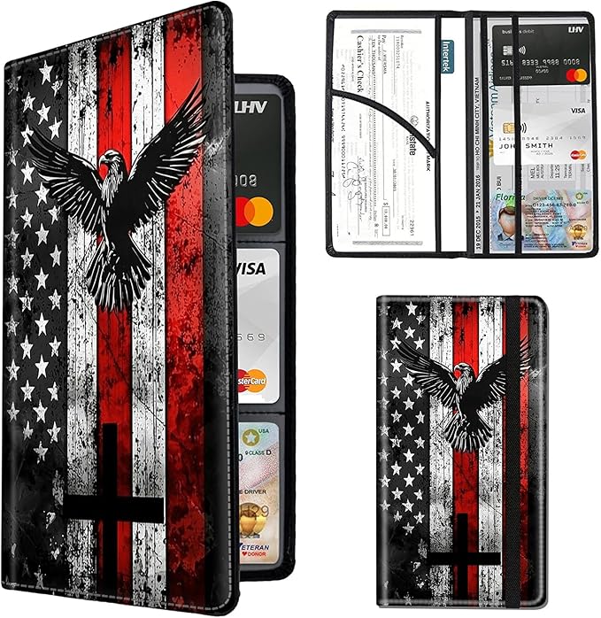 Car Registration and Insurance Card Holder, Rfid Blocking Leather Auto Car Document Holder,Vehicle Glove Box Driver License Card Document Organizer For Men women-Eagle on USA Flag