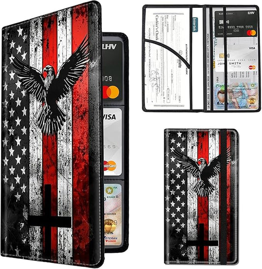 Car Registration and Insurance Card Holder, Rfid Blocking Leather Auto Car Document Holder,Vehicle Glove Box Driver License Card Document Organizer For Men women-Eagle on USA Flag