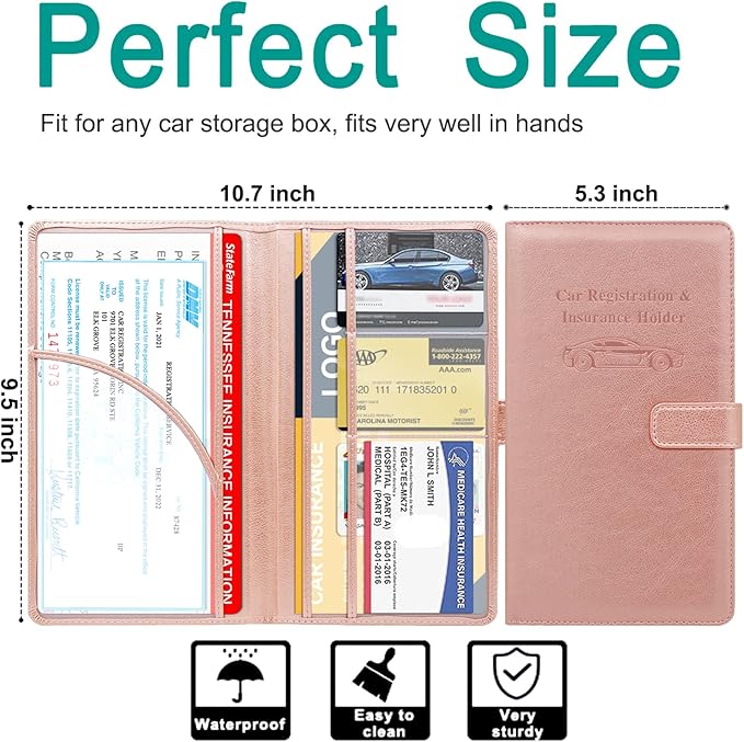 RSAquar Car Registration and Insurance Holder, Leather Car Glove Box Organizer, Cool Car Accessories for ID, Driver's License Cards & Essential Document, Men&Women, Rose Gold