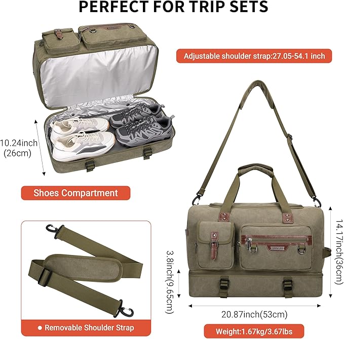 WITZMAN Canvas Weekender Bag Mens Overnight Bag for Traveling Carry on Duffle Bags with Shoes Compartment(A8010 Army Green)