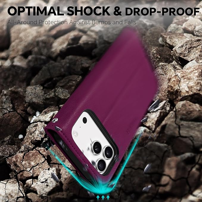 TUCCH Detachable Case Wallet for iPhone 17 Pro Max (6.9") 2025, Wrist Strap | 4 Card Slots RFID Blocking | Wireless Charging | Stand | 2-in-1 Magnetic | PU Leather | Shockproof Cover | Plum Purple