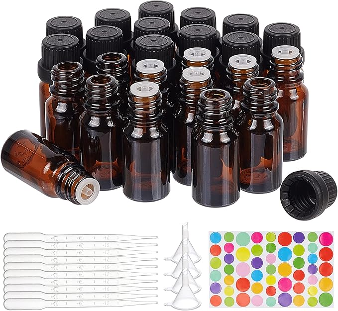 BENECREAT 24 Pack 10ml Brown Glass Essential Oil Bottles Refillable Container Kits with Plastic Droppers, Funnel Hoppers and Sticker for Aromatherapy Fragrance Cosmetic Oil