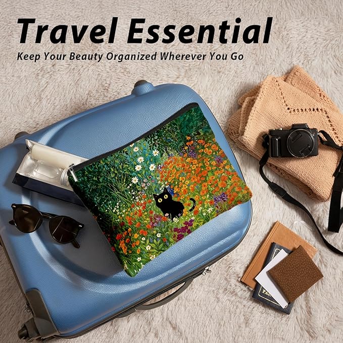 Cute Cat Makeup Bag, Kitty Cosmetic Zipper Travel Toiletry Bag for Traveling Women, Cute Black Cat Gifts for Women & Teen Girls, Cats Gifts Lovers