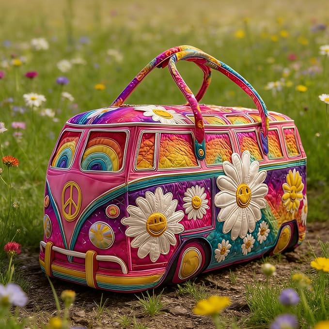 Hippie Journey Quilted Duffel Bag Hippie Van Travel Duffel Bag Vintage Floral Weekender Overnight Bags Women Gym Bags