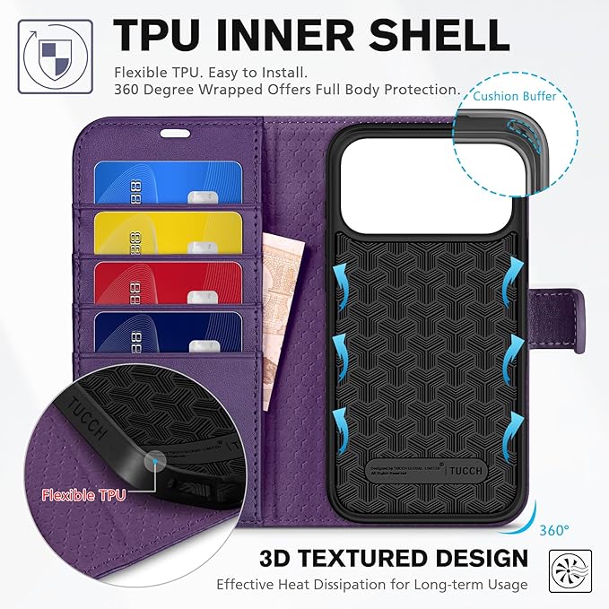 TUCCH Case Wallet for iPhone 17 Pro Max (6.9") 2025, Stand | RFID Blocking | 4 Card Holder | TPU Shockproof Inner Shell | PU Leather | Magnetic Closure Folio Protective Cover | Deep Purple