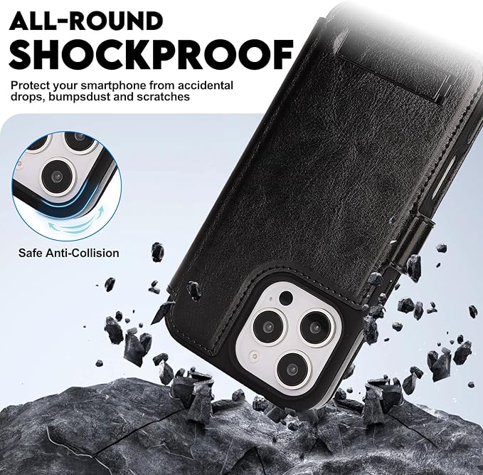 CIVICASE for iPhone 16 Pro Max Wallet Case with Stand,PU Leather Flip Credit Card Holder Slots (RFID Blocking),Compatible with Magsafe Magnetic Holder Phone Cover Women Men,Black