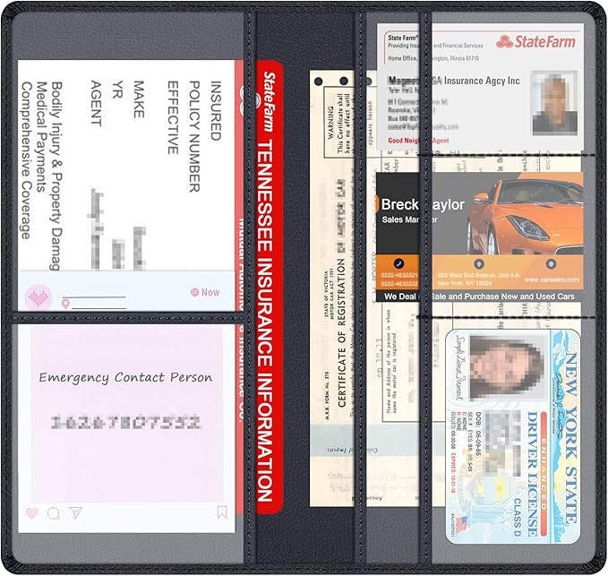 Car Insurance and Registration Holder, 9.5 x 5 Inch PU Leather Vehicle Glove Box Organizer Wallet Case for Insurance Card, Driver License, Paperwork - Black