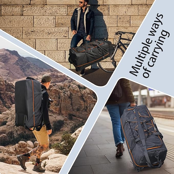 110L Expandable to 140L 32” Foldable Oxford Soft-Sided Rolling Duffle Bag with 2 Heavy-Duty Wheels,3 Large Compartments,Adjustable Shoulder Strap and Attached Organizer Pouch,Black Orange