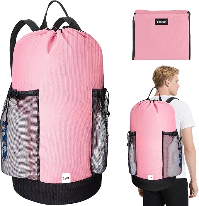 BALEINE 120L Laundry Bag Backpack, 900D Oxford Fabric Large Travel Laundry Bags with Shoulder Straps and 2 Mesh Pockets for College Dorm, Apartment, Laundromat (Pink, 120L)