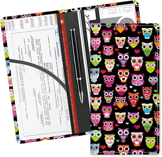 Leather Car Registration and Insurance Card Holder, Cute Car Accessories Vehicle Glove Box Car Organizer for Documents, Cards, License Cute Colorful Owls