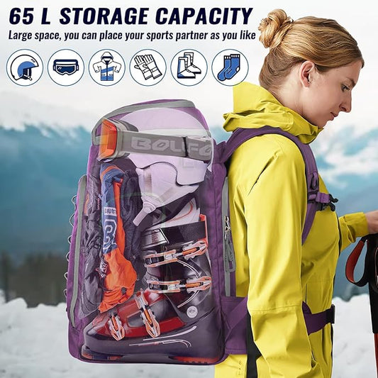 Ski Boot Bag, 65L Durable Travel Backpack, 1680D Nylon Waterproof Snowboard Boot Bag, Skiing and Snowboarding Travel Luggage for Helmet, Goggles, Gloves, Outerwear & Accessories