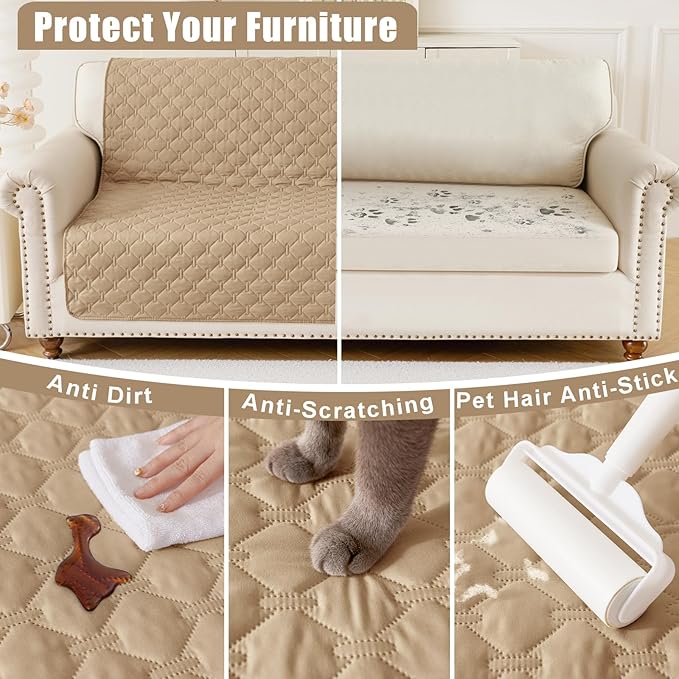 Smiry Waterproof Dog Bed Cover Blanket, Soft Reversible Pet Blanket, Washable Leakproof Cats Dogs Couch Cover for Sofa, Couch, Furniture, Plaid (52x82 Inch, Camel/Beige)