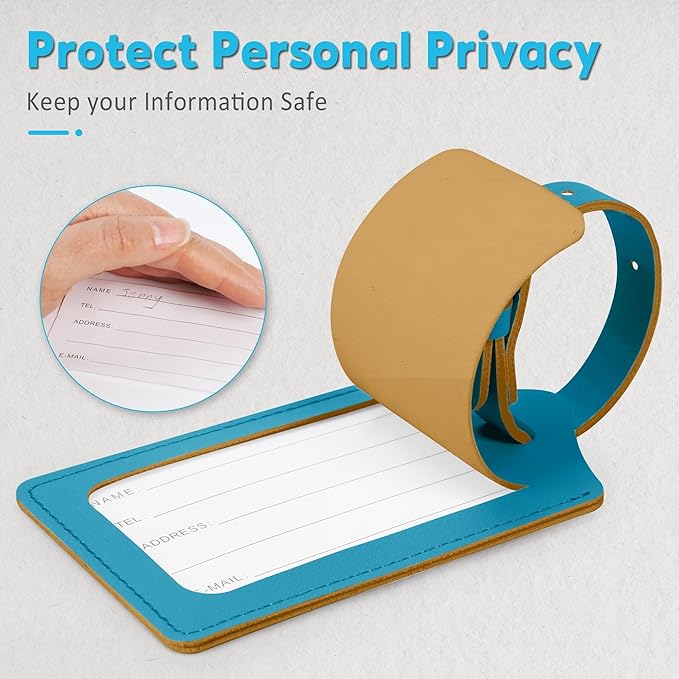 Travelambo 8 Pack Luggage Tags Faux Leather for Suitcases Travel Bag Labels Travel Accessories Essential with Protection Cover ID (Energetic Blue)