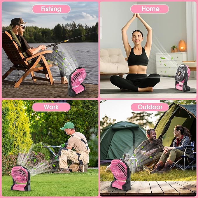 Portable Rechargeable Fan, 20000mAh Cordless Battery Powered Camping Tent Fans with SOS & LED Lantern, Small USB C Operated Outdoor Ventiladores for Travel Camp Fishing Office Home Essentials (Pink)