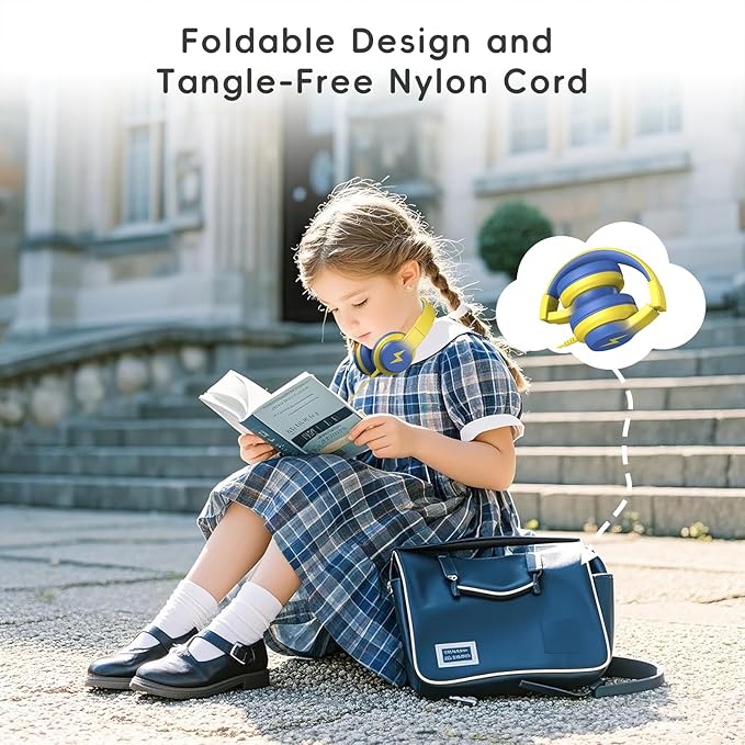 Kids Headphones, Wired Headphones for Kids Over Ear with Microphone, 85/94dB Volume Limiter Headphone for Girls Boys, Foldable Headphone for Learning & Entertainment, Light Yellow