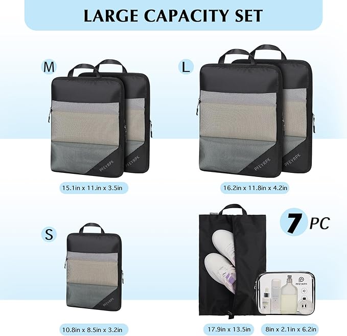 Lightweight Compression Packing Cubes for Suitcases, Compressible Expandable Travel Packing Organizer with Clear Toiletries and Backpack Bag, Travel Essentials for Carry on Luggage 7 Set