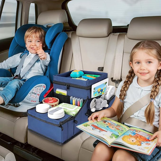 COOLBEBE Car Seat Organizer, Backseat Car Organizer with Cup Holders for Kids and Adults Travel, Cooler Compartment Passenger Seat Organizer Storage Box for Front or Middle Seat, Navy Blue