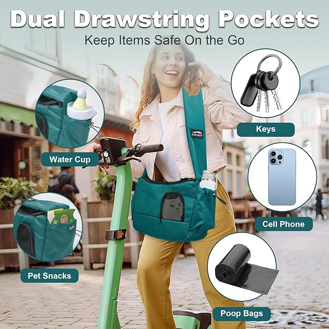 Cat Sling, Hands-Free Cat Carrier Pouch up to 7 lb, Cat Sling with Safety Strap and Pockets, Ideal for Travel and Daily Use, Peacock Blue