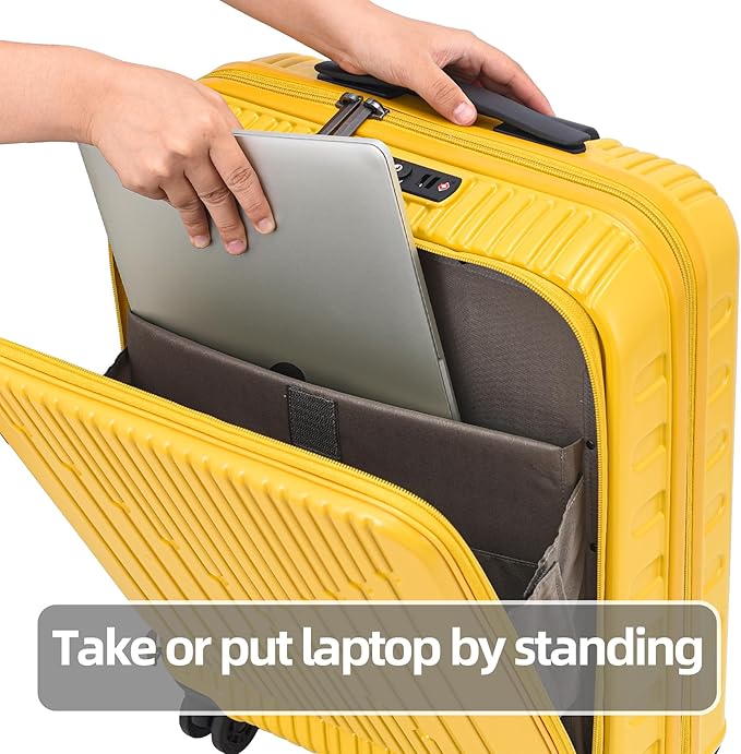 19 Inch Suitcase Hand Luggage with Front Pocket for 15.6" Laptop, 35 * 23 * 55cm, 43L, Ligthweight ABS+PC Hardshell Carry On, Yellow