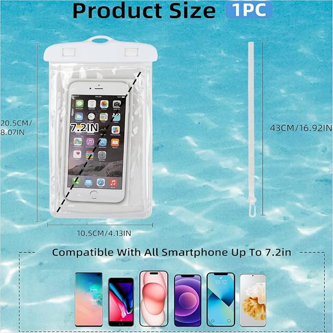 Waterproof Phone Case Small Pouch Beach Dry Bag with Cell Phone Hook Lanyard, Water Proof Phone Protector Gasbag Pouch, Underwater Snorkeling and Swimming Phone Airbag Clear Case (White)