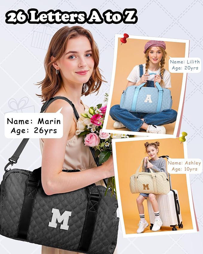 Elilier Initial Gym Bag for Girls, Kids Travel Duffel Bag, Graduation Gifts for Her, Personalized Weekender Bag with Shoes Compartment, Gifts for Mom, Girls Gifts for Kids
