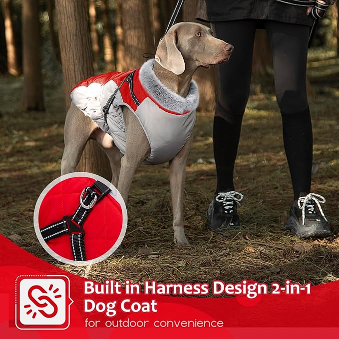 Abuandi Dog Winter Coat with Harness, Dog Jacket, Pet Clothes with Zipper on Back, Waterproof Windproof Warm Vest, Reflective Cold Weather Coats, for Small Medium Large Dogs, Thick, Red, 3XL