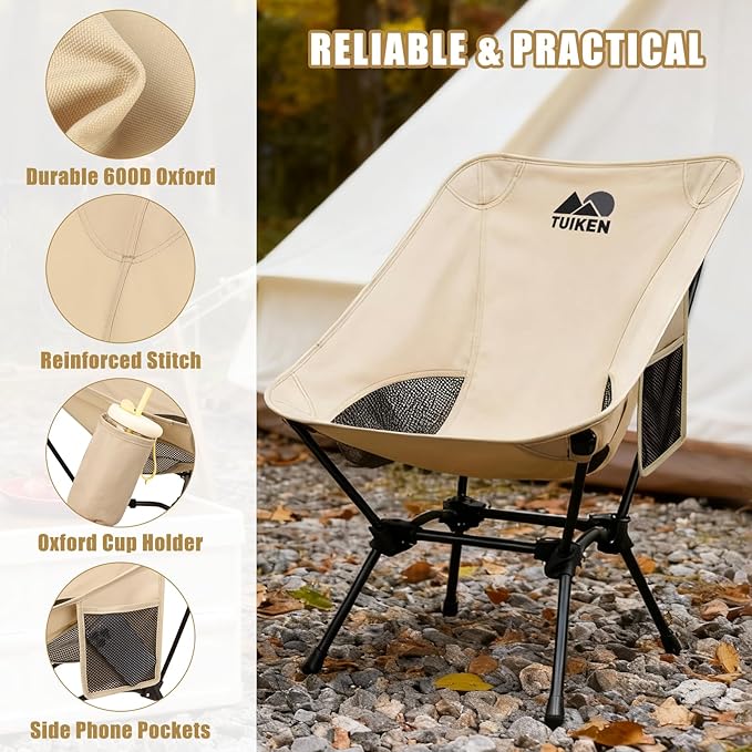 TUIKEN Ultralight Camping Chair Backpacking Chair, Portable Camp Chair with Cup Holder & Storage Bag, Lightweight Compact Folding Chair for Hiking, Travel, Picnic Mountaineering (Light Brown)