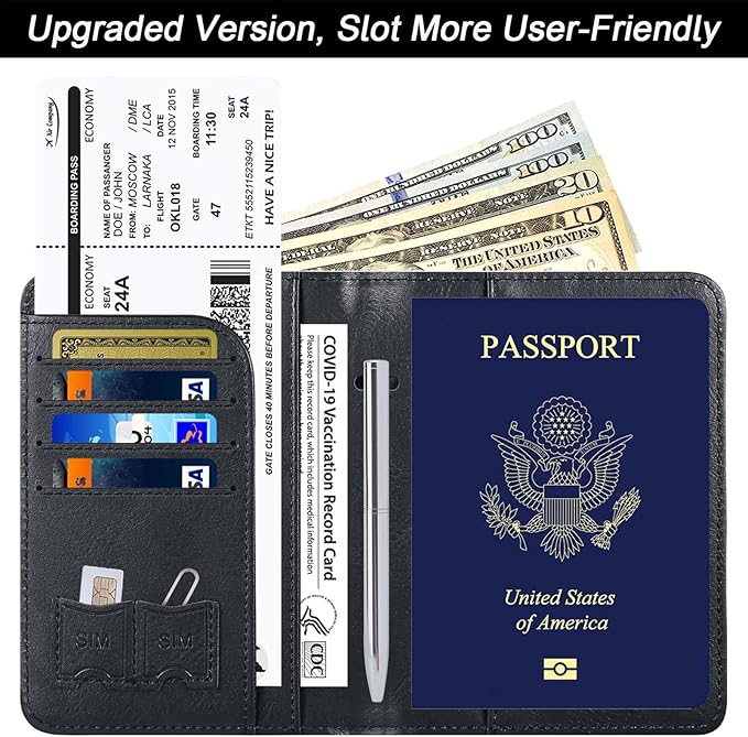 Passport Holder Cover Wallet Travel Essentials Leather Rfid Blocking Case Vacation Luggage Must Haves Travel Accessories for Men Women (116#Black)