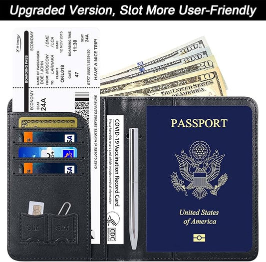 Passport Holder Cover Wallet Travel Essentials Leather Rfid Blocking Case Vacation Luggage Must Haves Travel Accessories for Men Women (116#Black)