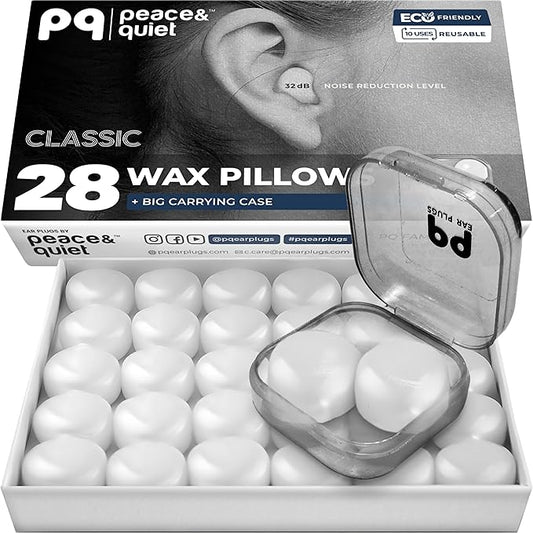 Peace&Quiet PQ Wax Ear Plugs for Sleeping - 28 Silicone Wax Earplugs for Sleeping and Swimming, Gel Ear Plugs for Noise Cancelling, Sound Blocking Level of 32 Db (28 Pillows), Color: White