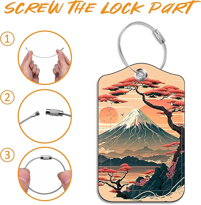 2 Pack Luggage Tag for Suitcase Japanese Mount Fuji and Sea Leather Travel Cruise Luggage Tag with Stainless Steel Loop Name ID Label Privacy Cover for Adults Teens Travel Bag Labels Set