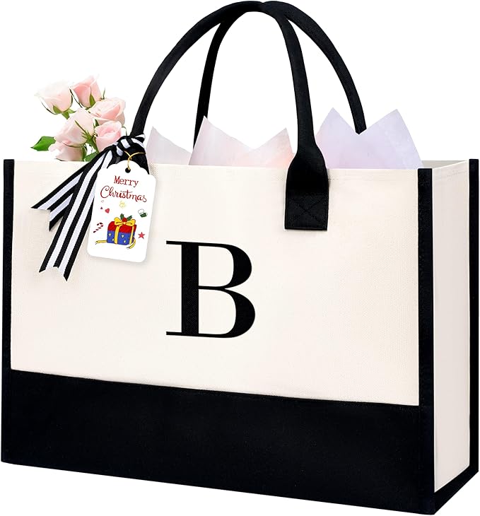 BAGAIL Initial Tote Bag, Personalized Birthday Gifts for Women, Teacher, Friends, Mom, Wedding, Monogrammed Beach Bag