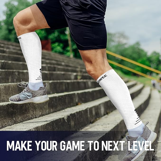 Thoxcare Calf Compression Sleeve for Men Women (1 Pair), Leg Support Footless Compression Socks for Running - Shin Splint Varicose Veins Swelling & Pain Relief, White/Black, Large