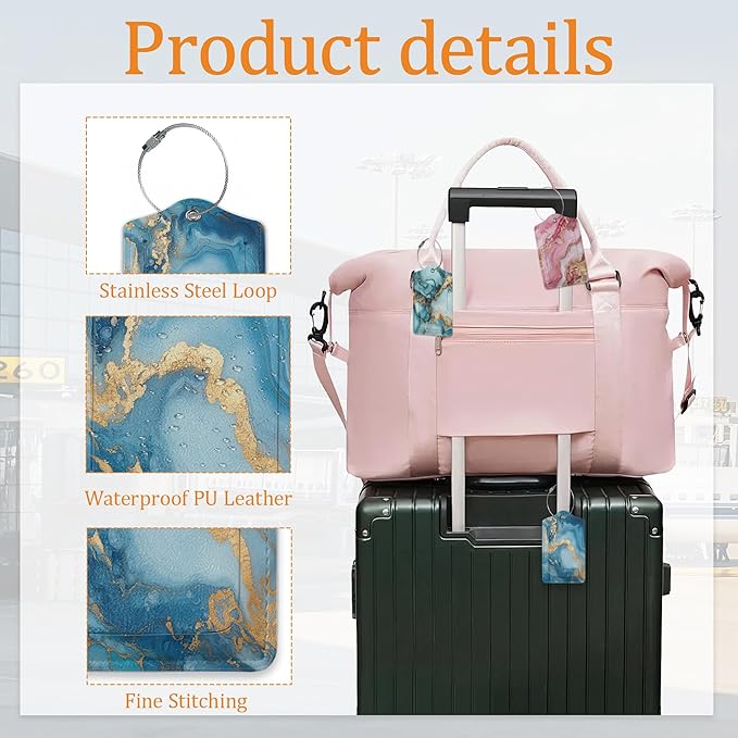 Colorful Marble Luggage Tags for Suitcases, 3 Pack Leather Bag Tag Identifiers with Stainless Steel Loop and Address Card for Men Women