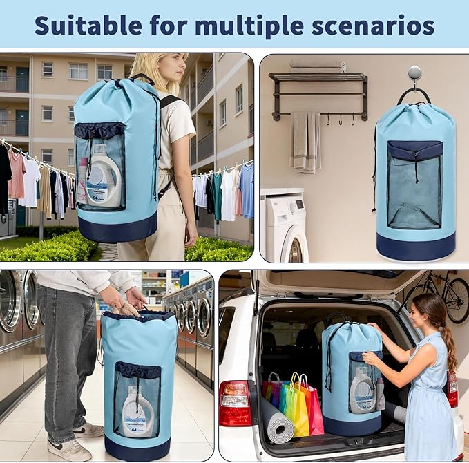 Laundry Bag Backpack with 3 Sizes Mesh Wash Bags and Shoulder Straps Foldable Clothes Hamper Bag with Drawstring Closure for College, Apartment, Laundromat (Light Blue)