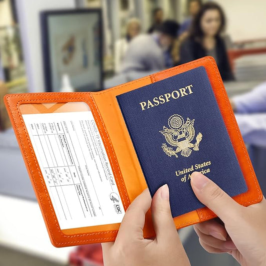 Passport and Vaccine Card Holder Combo, Passport Holder with Vaccine Card Slot, Passport Wallet, Passport Cover, Passport Case, Passport Holder for Women and Men(BA-Orange)