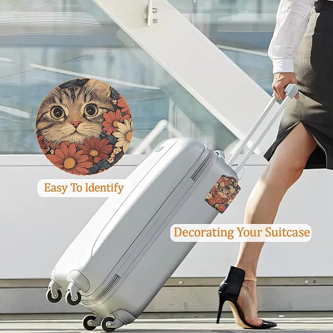 Flower Cat 3 Pack Luggage Tag for Suitcase, Unique Leather Travel Tags Identifiers with Privacy Name Address Labels & Durable Steel Loop for Women Men Travel