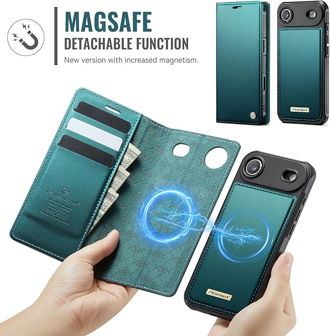 PlusnapX Wallet Case for iPhone Air Compatible with Magsafe, 2-in-1 PU Leather Flip RFID Blocking Card Holder Stand ShockAirof Magnetic Detachable Cover for iPhone 17 Air Case 6.5", Bluegreen