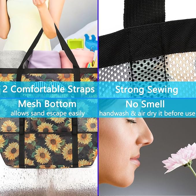 Mesh Beach Bag, Large Beach Tote with Zipper Pocket for Family Pool Bag for Toys & Vacation Essentials