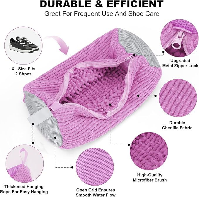 Shoe Washing Machine Bag - Laundry Shoe Bag (2-Pack) Includes 3 Laundry Bags, Reusable, Washer & Dryer Safe, 360° Deep Cleaning for All Shoe Types, Self-Locking Zipper(Purple)