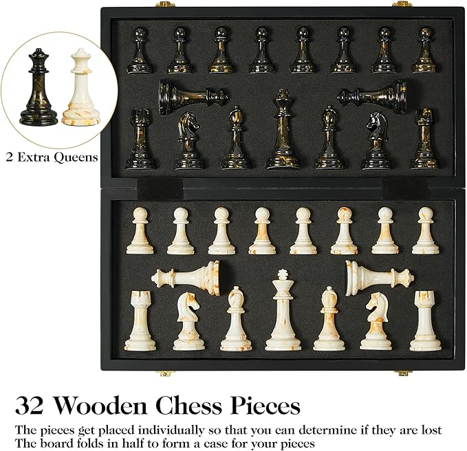 15" Large Chess Set for Adults with Extra 2 Queens, Weighted Acrylic Pieces-3.5" King w/Leather Base, Portable Folding Marbling Wooden Chess Board - Travel/Family Game & Elegant Gift