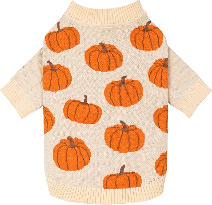 Fitwarm Pumpkin Dog Sweater, Thanksgiving Outfit for Small Dogs Boy Girl, Pet Outfit, Orange, Beige, XS
