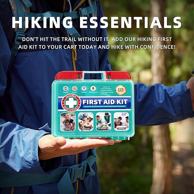 225 Pieces Portable First Aid Kit for Minor Wound Care, Includes Adhesive Bandages, Wound Gauze Pads, Ideal for Home, Car & On-The-Go